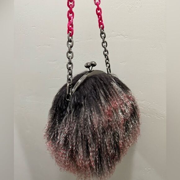 Handmade Gradient Color Real Mongolian Lamb Fur Kisslock Shoulder Bag/Crossbody - Picture 7 of 14